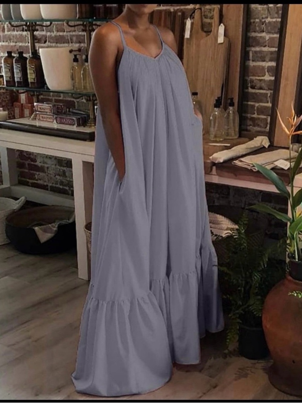 New Women XL Gray Spaghetti Strap Oversized Maxi Dress Flowy Swing